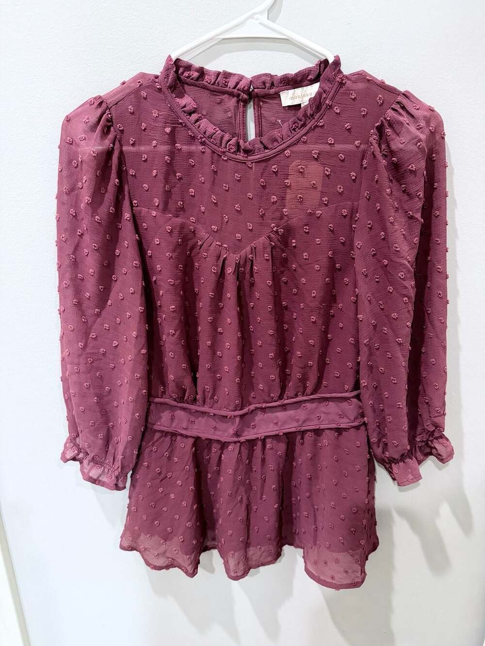 Swiss Dot Chiffon Long Sleeve Ruffled Peplum Blouse -NWT